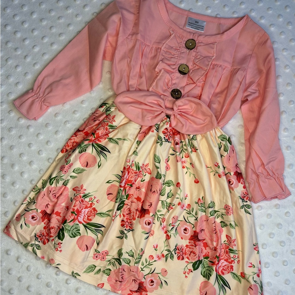 Girls Pink floral button down bow dress